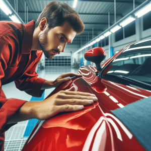 DALL·E 2023 11 15 23.19.40 Generate a realistic image of a PDR technician inspecting the reflections on a red sports car in a PDR garage. The technician should be focused on exa